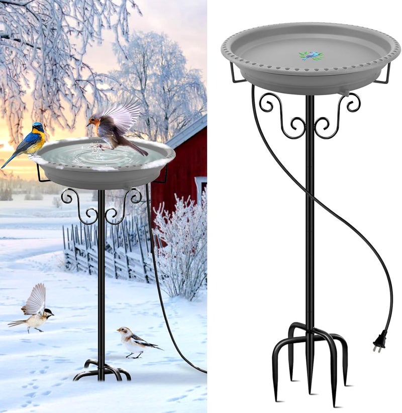 Lovppy Heated Bird Bath, 100W Thermostatically Controlled Heated Bird Baths for Outdoors Bird Bath Heater with Metal Stake, Heated Bird Bath for Outside Winter Garden Patio Yard Lawn (Gray) - Image 1